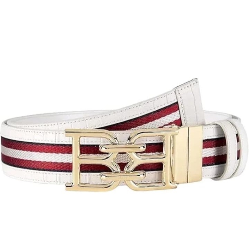 Bally White and Red Striped Leather-Trim Belt with Gold Buckle